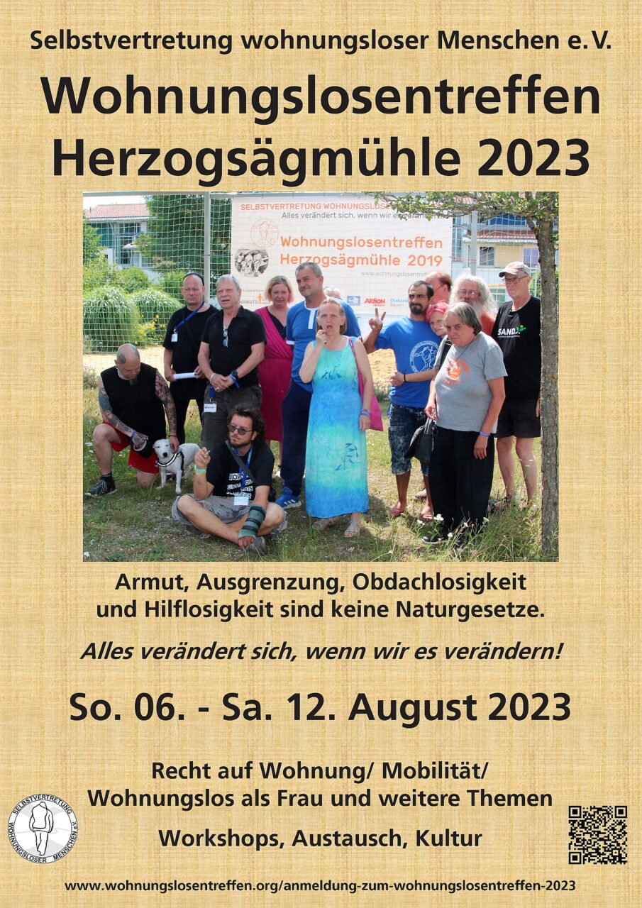 Plakat zum Wohnungslosentreffen Herzogsägmühle - 6. bis 12.August 2023