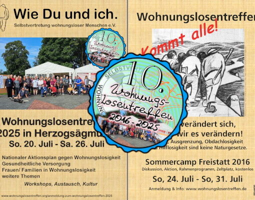 10 Jahre Wohnungslosentreffen-Plakate von 2016 bis 2025